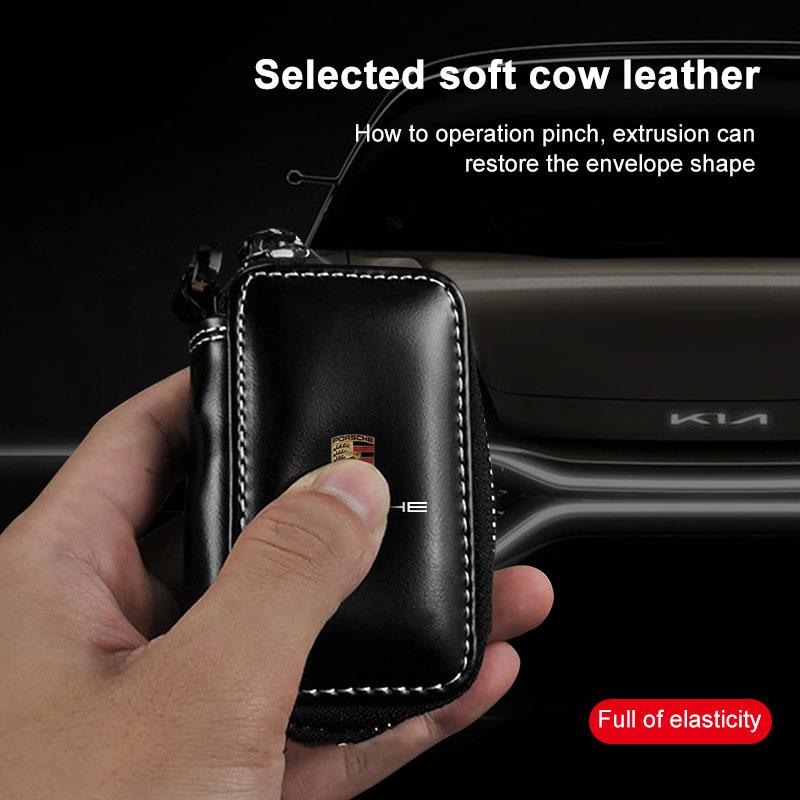 1Pcs Leather Emblem Car Key Case Keychain Zipper Key Case Bag For Porsche Cayenne Panamera Macan Boxster 911 Carrera-GT 944 918 917