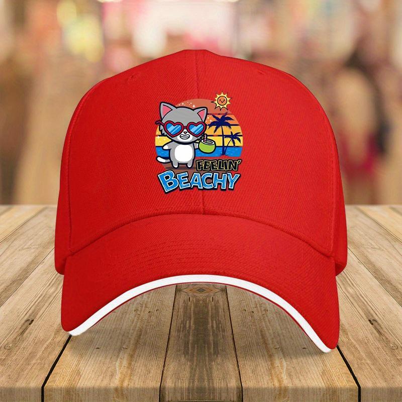 Feelin Beachy Cartoon Cat Baseball Cap Polyester Adjustable Casual Summer Hip Hop Hat One Size