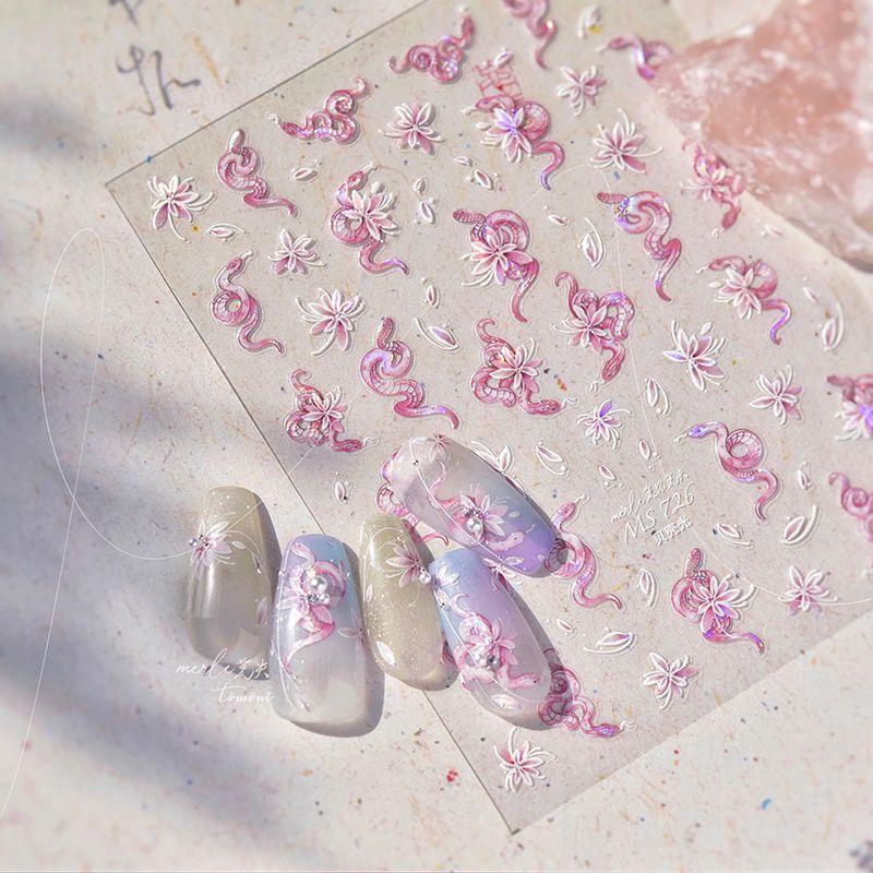 

Pink Flower Snake Nail Sticker New Year Relief 5D 3D Internet Celebrity Ins Nail Sticker Zodiac Decoration Flower Snake 726((Shell light))