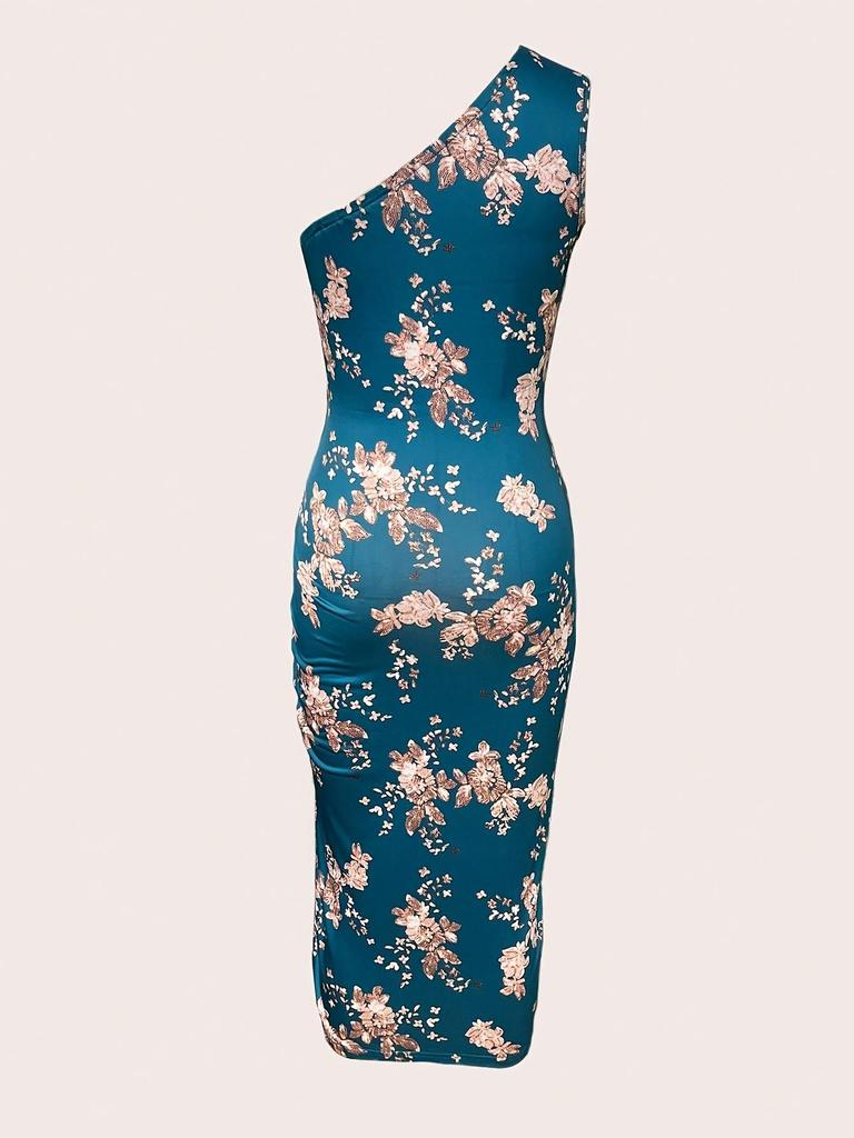 European & American Summer 2025 One-Shoulder Printed Bodycon Dress with High Slit