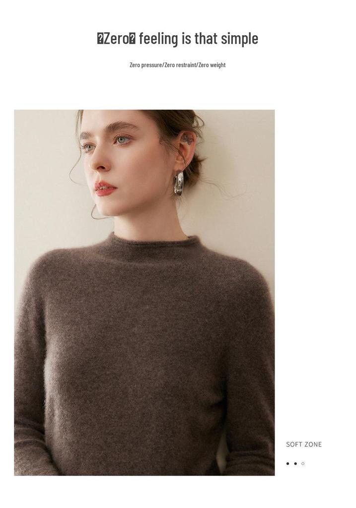 Women's Pure Cashmere Half-High Neck Sweater, Solid Color, Loose Long Sleeves, Autumn/Winter Collection.