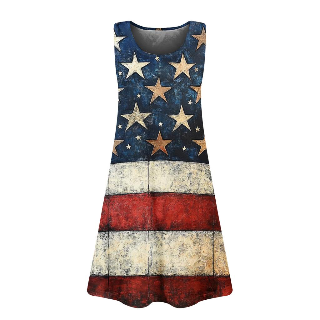Women's Summer Casual Square Neck Independence Day Printed Dress Sleeveless Dress With Pockets