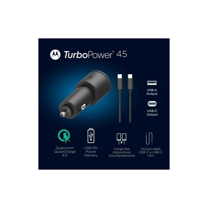 Motorola SJV102-EU svart billader med USB-A- og USB-C-porter, lader med 45 W hurtiglading, inkluderer USB-C-kabel