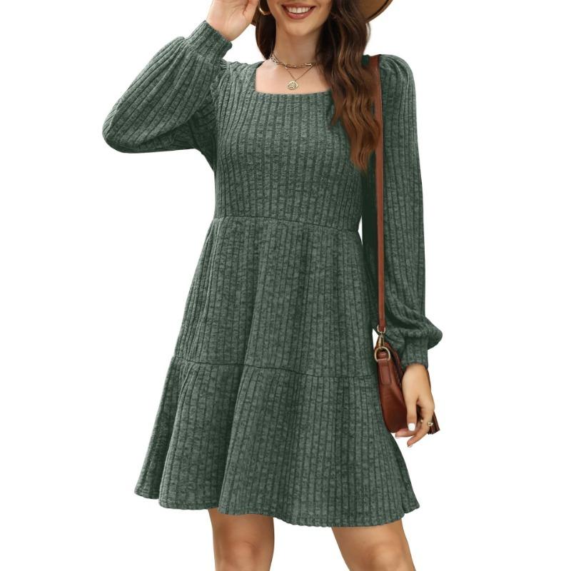 Robe trapèze à manches longues et col rond pour femme avec poche