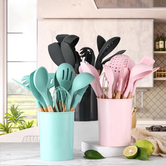 

12 шт./компл. антипригарная силиконовая лопатка с деревянной ручкой, кухонная утварь