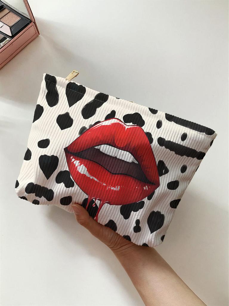 1pc, Sexy Lip Pattern Printed Corduroy Zipper Makeup Bag, Lightweight and Multifunctional Cosmetic Storage Bag