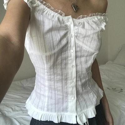 One-word Collar Solid Color Casual Top Short Slim-fitting and Thin Lace Splicing Breasted Short-sleeved T-shirt