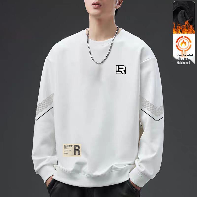 Men's Fleece-Lined Crew Neck Sweatshirt - Trendy, Versatile, Loose-Fit, Autumn/Winter Top for Students & Couples