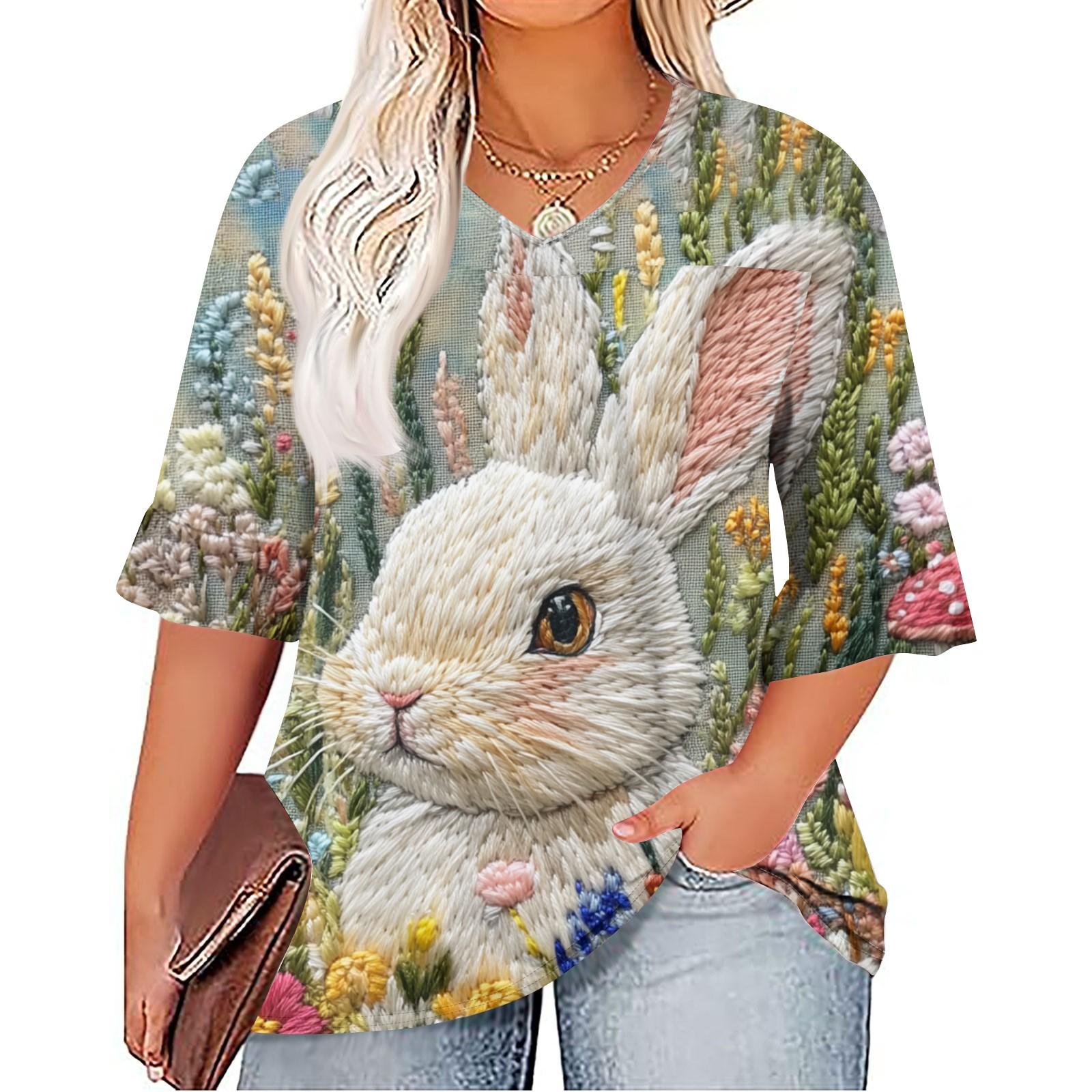 

Women s Fashion Casual Easter Printed V-Neck Seven Minute Sleeve Ruffle Sleeve T-Shirt Tops Plus Size Women s XXL бежевый
