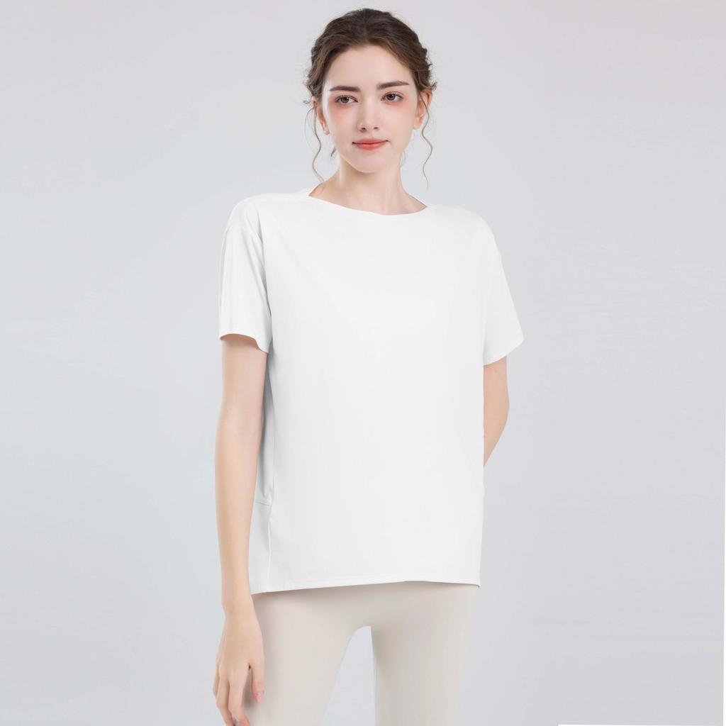 Women's Nude Sports Vest: Loose, Hip-Covering, Slimming Yoga Tops & Summer Training Tees with Short Sleeves.