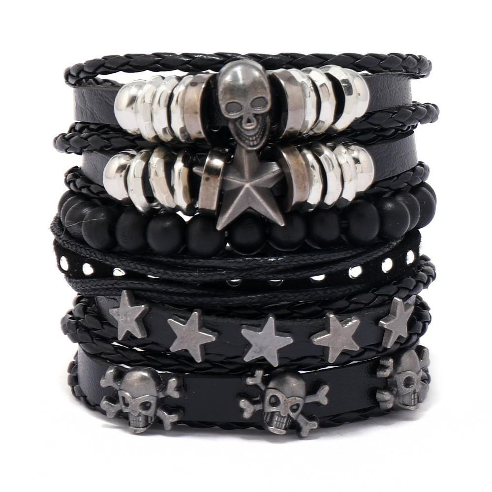 Alloy Men's Bracelet, Multi-layered Leather Skull Bangle, Viking Bracelet