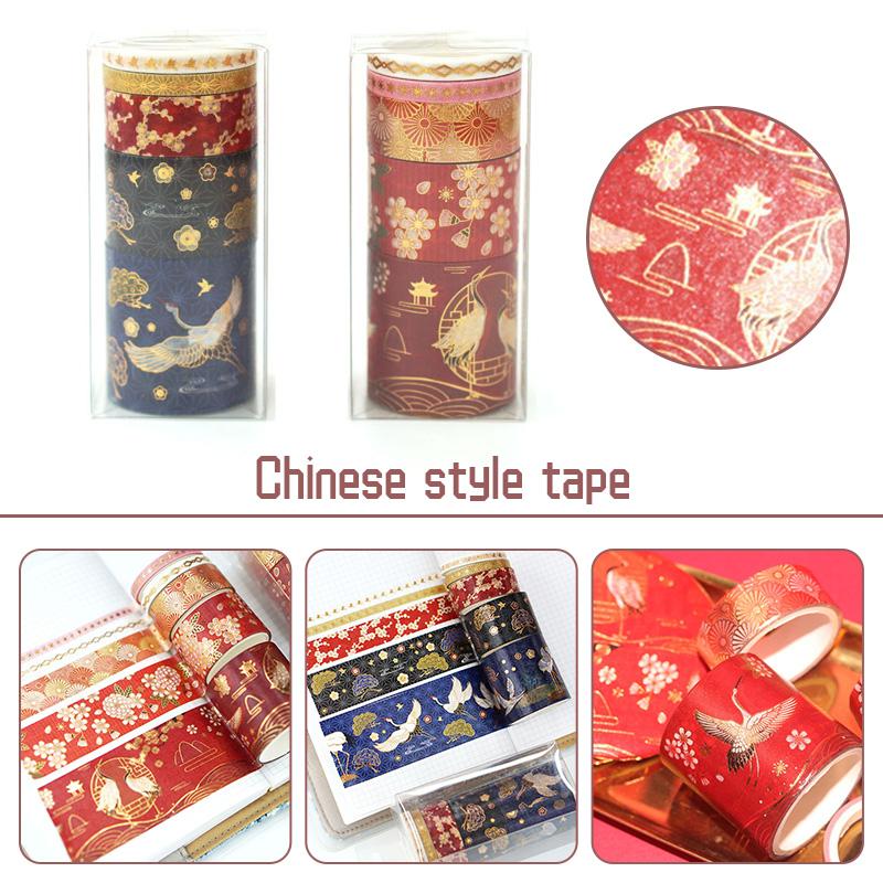 5pcs/set Washi Tape Chinoiserie Bronzing Crane Sakura Scrapbooking Decals Decor Masking Tapes Diary Planner Albums