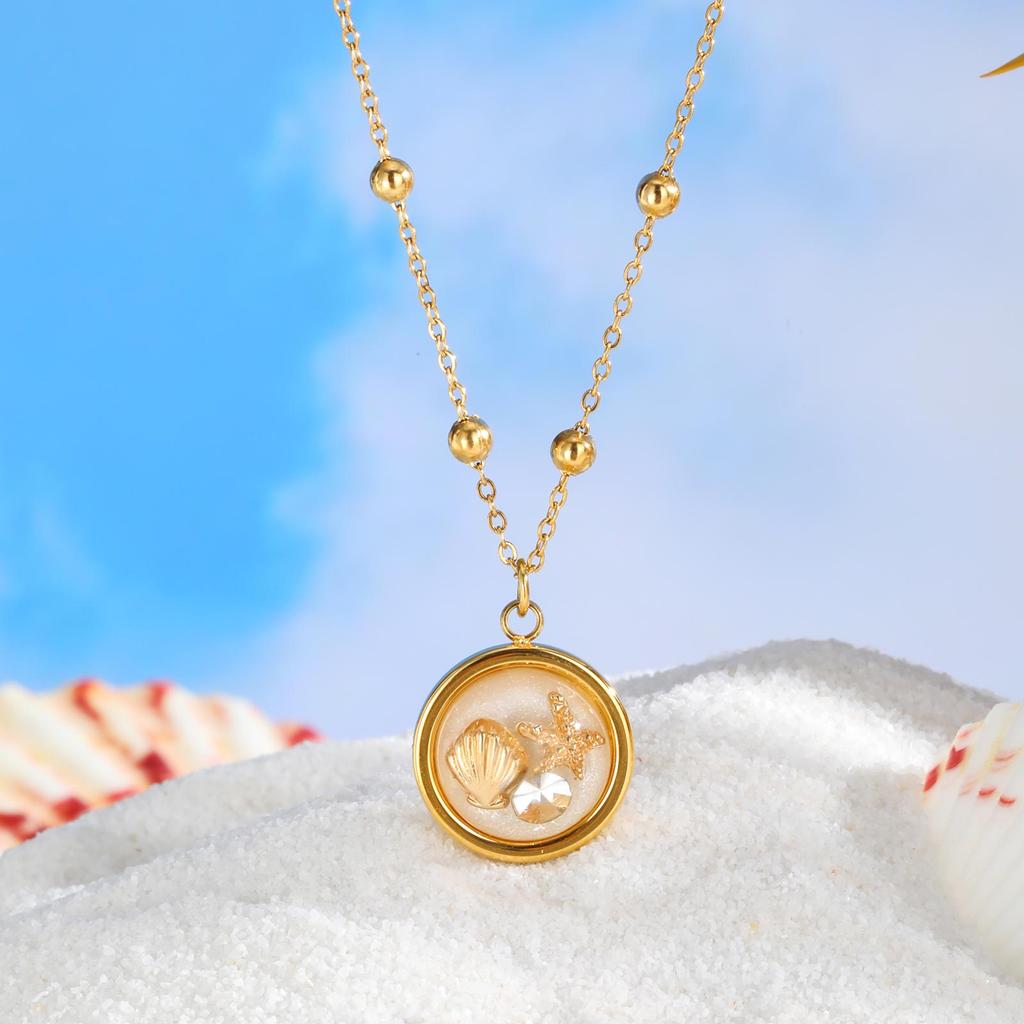 Women's Round Necklace with Shell Starfish Zircon,Marine Style Bead Chain Stainless Steel Necklaces,Gold Color Jewelry Gifts