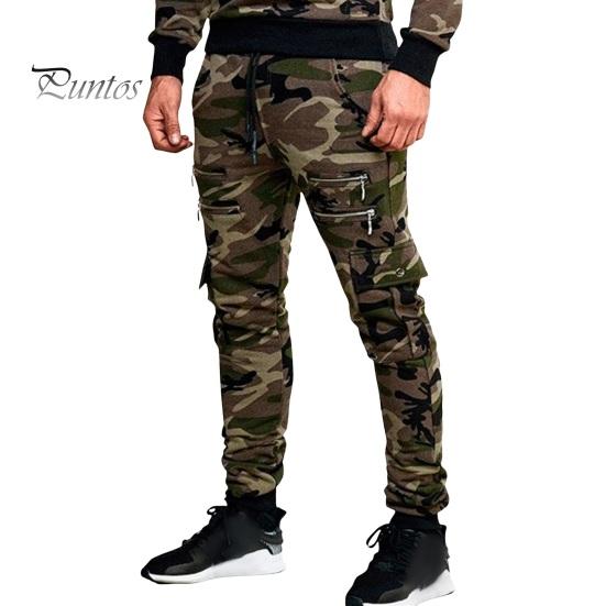 Men Cargo Pants Drawstring Elastic Waist Camouflage Print Multi Zippered Pockets Ankle-banded Slim Fit Casual Daily Wear Long Outdoor Trouser