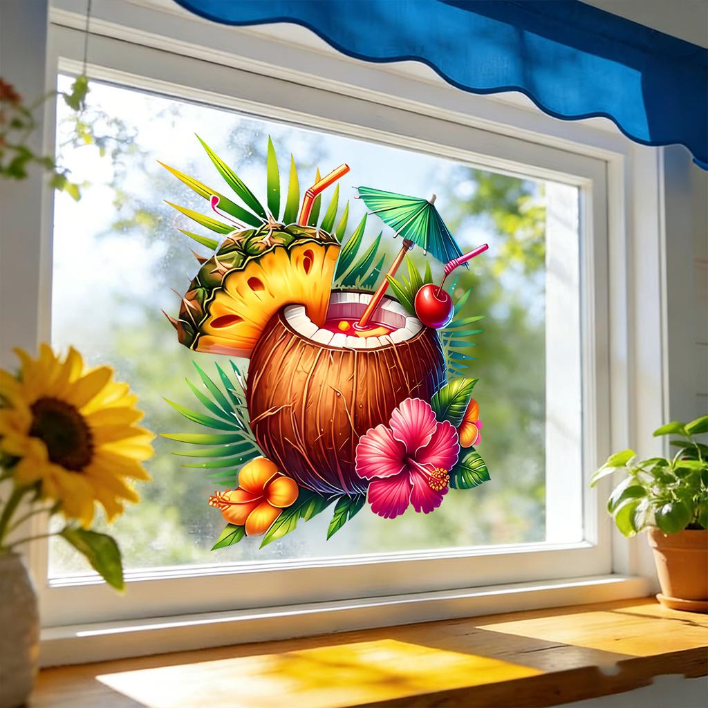 Creative Coconut Juice Pineapple Static Cling Window Sticker for Living Room Bedroom Glass Home Decor