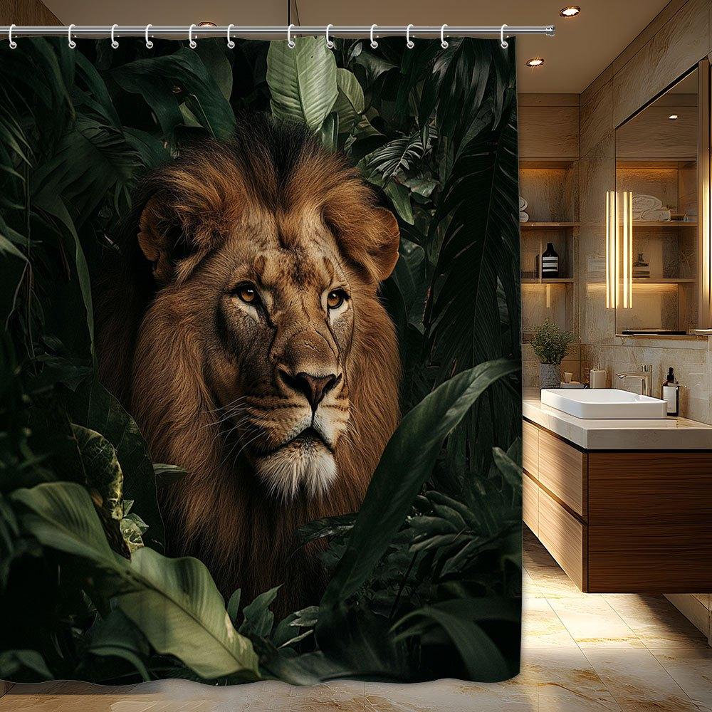 

1pc Majestic Lion in Jungle Shower Curtain - Realistic Wildlife Art with Golden Mane & Lush Foliage, Machine Washable Polyester 90x180cm