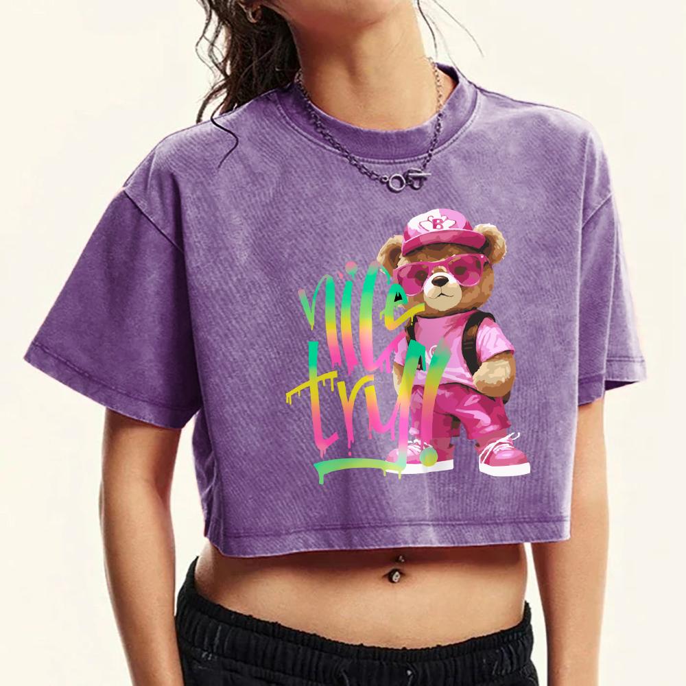 

Красочная розовая футболка с принтом мультяшного медведя, женская, ретро, удобная, хлопковая, повседневная одежда, приталенная XL