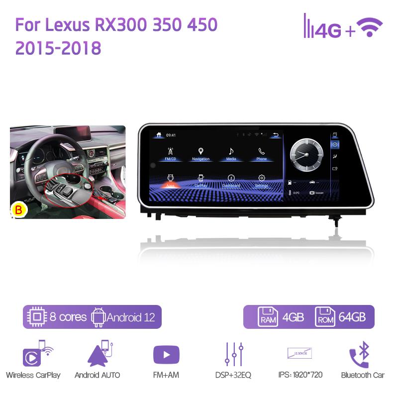 

12.3 Car Multimedia Player For Lexus RX300 350 450 2015-2018 GPS Navigation Radio Android12 8+128G 8Core CarPlay 4G 360Camera