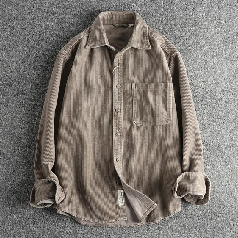 Solid Color Corduroy Vintage Shirt Men Spring Fashion Simple Basic Long Sleeve Blouse America Style Coats