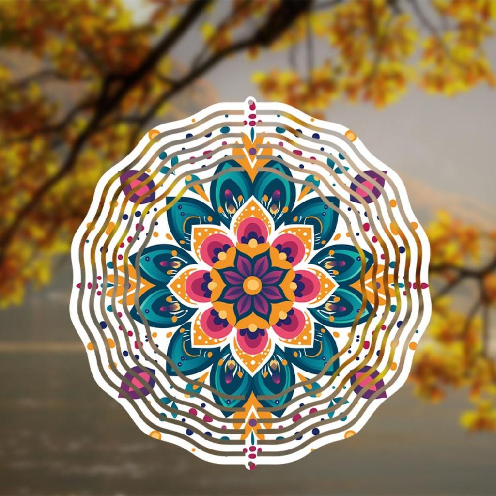 10 Zoll Mandala Windspiel Outdoor Gartendeko mit 360° drehbarem Haken Lebhaftes Metall Hängedesign für Terrasse Rasen Saisongeschenk