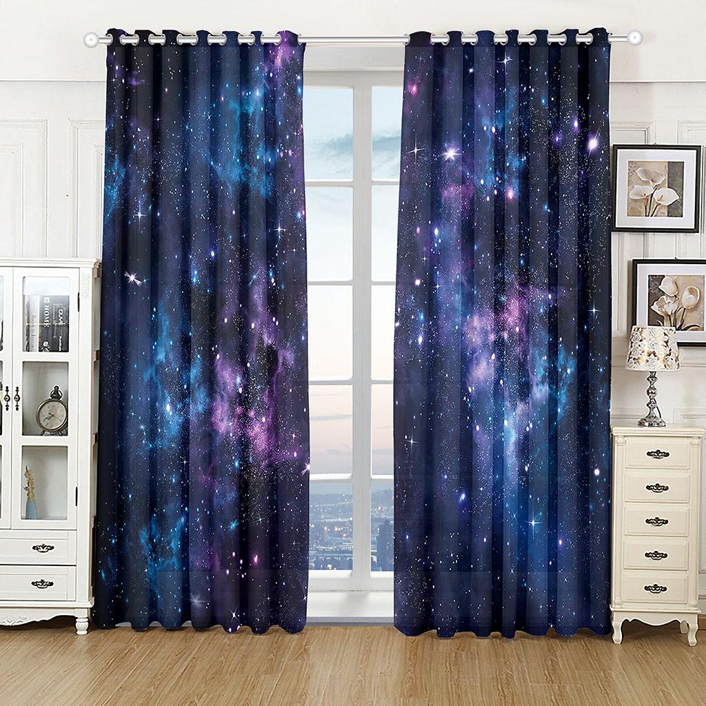 2pcs Fantasy Blue Night Starry Sky Printed Window Curtain - Rod Pocket Window Treatment for Home Decor and Room Decoration