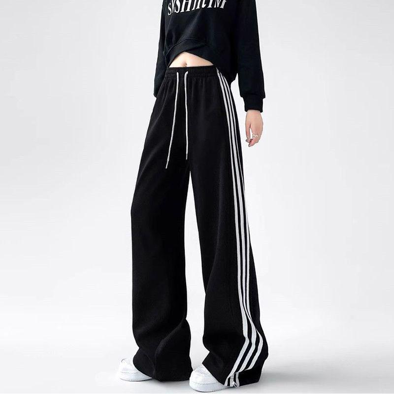 Γκρι Γυναικεία Ψηλόμεση Φαρδιά Φόρμα με Τρεις Ρίγες - Συλλογή Άνοιξη 2025, Κολακευτική, Ευέλικτη, Casual με Κορδόνι.