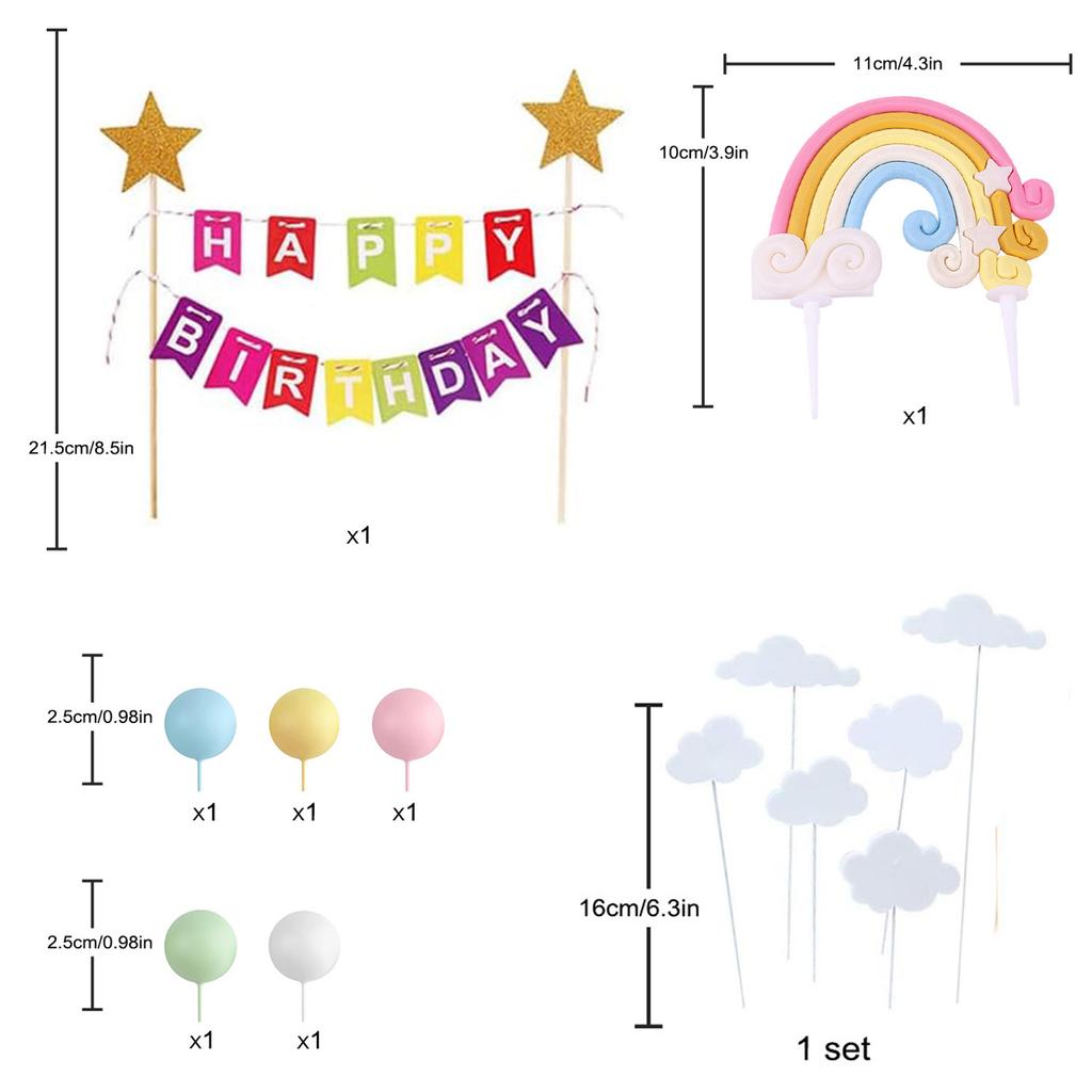 Rainbow Cake Topper Happy Birthday Cake Flag Banner Clouds Balloon Ball Rainbow Cake Decoration for Girls Baby Shower Party