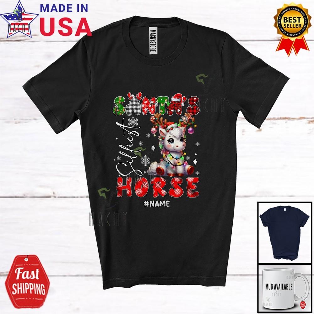 Custom Name Santa's Silliest Horse Christmas Lights Plaid Farming Farmer Shirt
