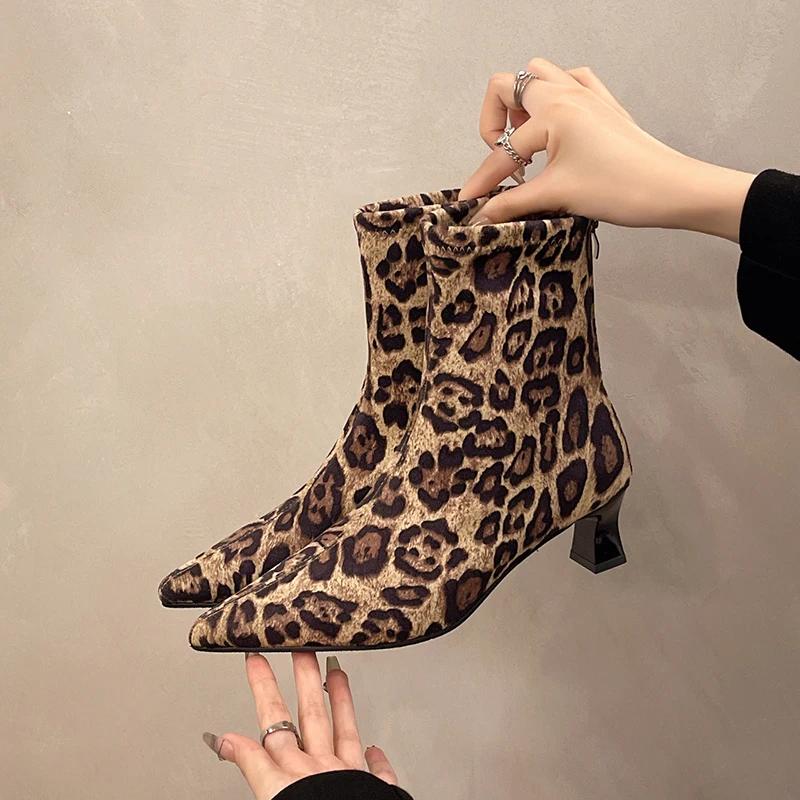 Designer Leopard Print Women Ankle Boots Fashion Pointed Toe Short Booties Concise Thick Heels Botas De Mujer