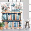 Vintage Bookshelf Shower Curtain – Watercolor Illustration with Wooden Shelves & Pink Flowers, Polyester with Hooks