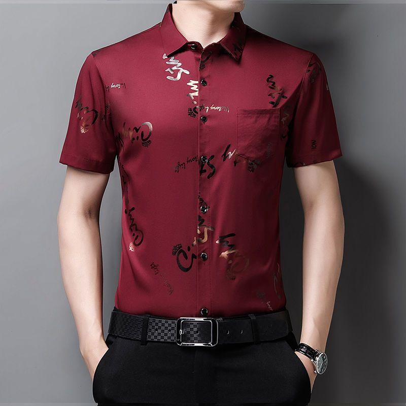 Fashion Men Short Sleeve Smooth Shirt Summer New Letter Male Clothes Streetwear Business Casual Lapel Loose Quick Dry Casual Top