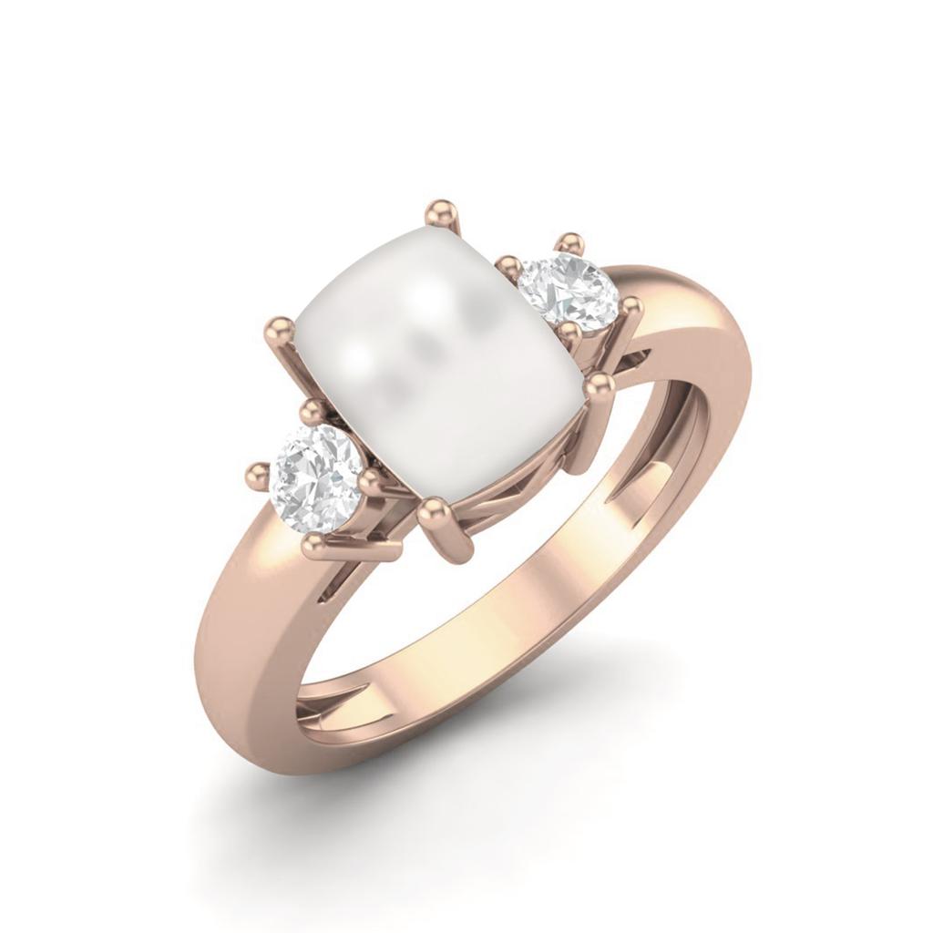 8X6 Cushion Shape Natural Pearl Three Stone 925 Sterling Silver Rose Vermeil Women Engagement Ring