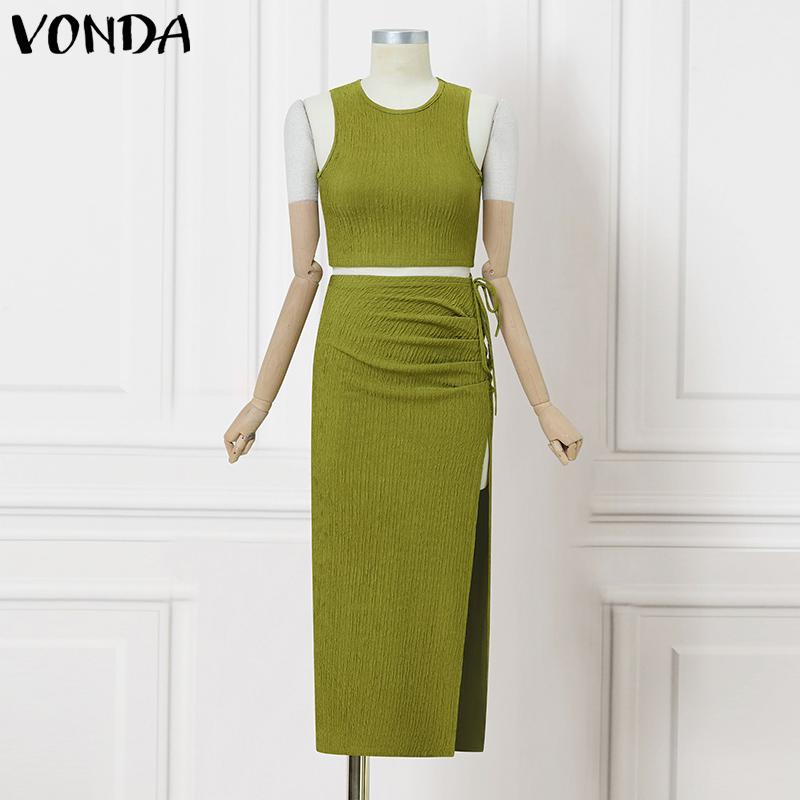 

VONDA Two Pieces Women Texture Sleeveless Crop Tops and Splits Skirt Sets S зелёный