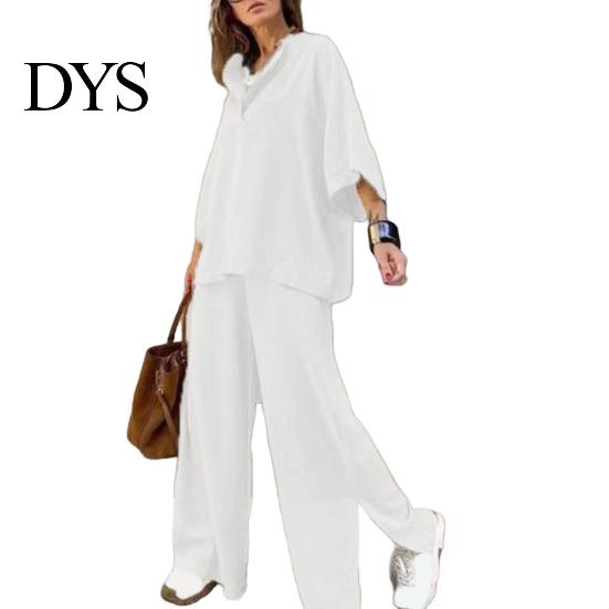 Lightweight Casual Outfit Women's Two-Piece Oversized 3/4 Sleeve Pullover Top And Spring Autumn Fashion Wide Leg Pants Set Fall Loose Lounge