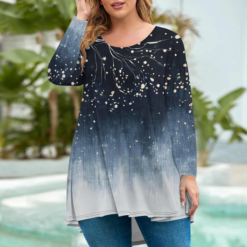 Women's Fashion Large Size Round Neck Long Sleeve Casual Print Loose Pullover Top T-Shirts Women’s