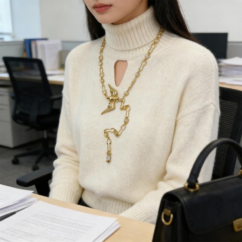 Elegant Gold Plated Peace Bird Charm Sweater Chain 80cm Length Retro Long Necklace Jewelry For Layering Outfits