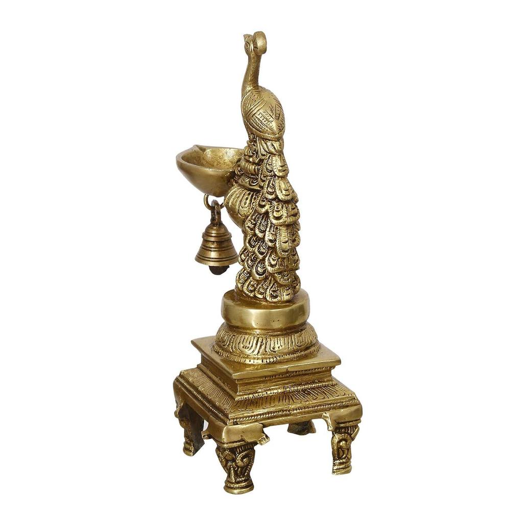 Antique Finish Decorative Handcrafted Brass Peacock Showpiece Diya With Bell And Stand, 13 Cm, 26 Cm, 9 Cm