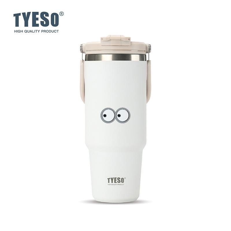 Tyeso 1200ML Cup Handle Vacuum Flasks Dual-Drink Coffee Mug Stainless Steel Thermoses Ice Cup Car Bottle Hot Cold Retention with Eye Sticker