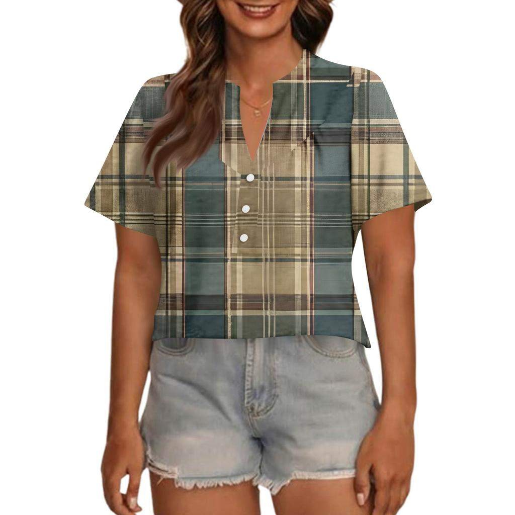 Women's Fashionable Casual V Neck Button Up Oversized Short Sleeve Printed Top