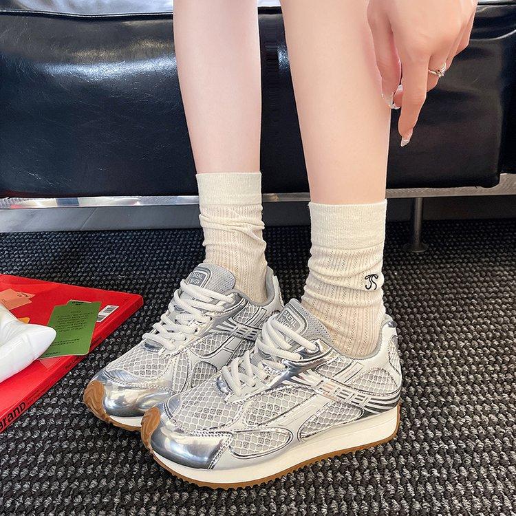 Leather Thick Sole Heightening Miss Zhang Loves It Very Much~ Orbit Retro Mesh Casual Sports Dad Shoes Women Running Shoes Women