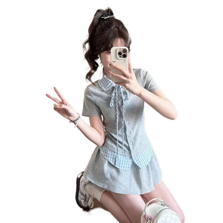 Korean Plaid Summer Patchwork Two-Piece: Short Sleeve Top & High Waist Skirt