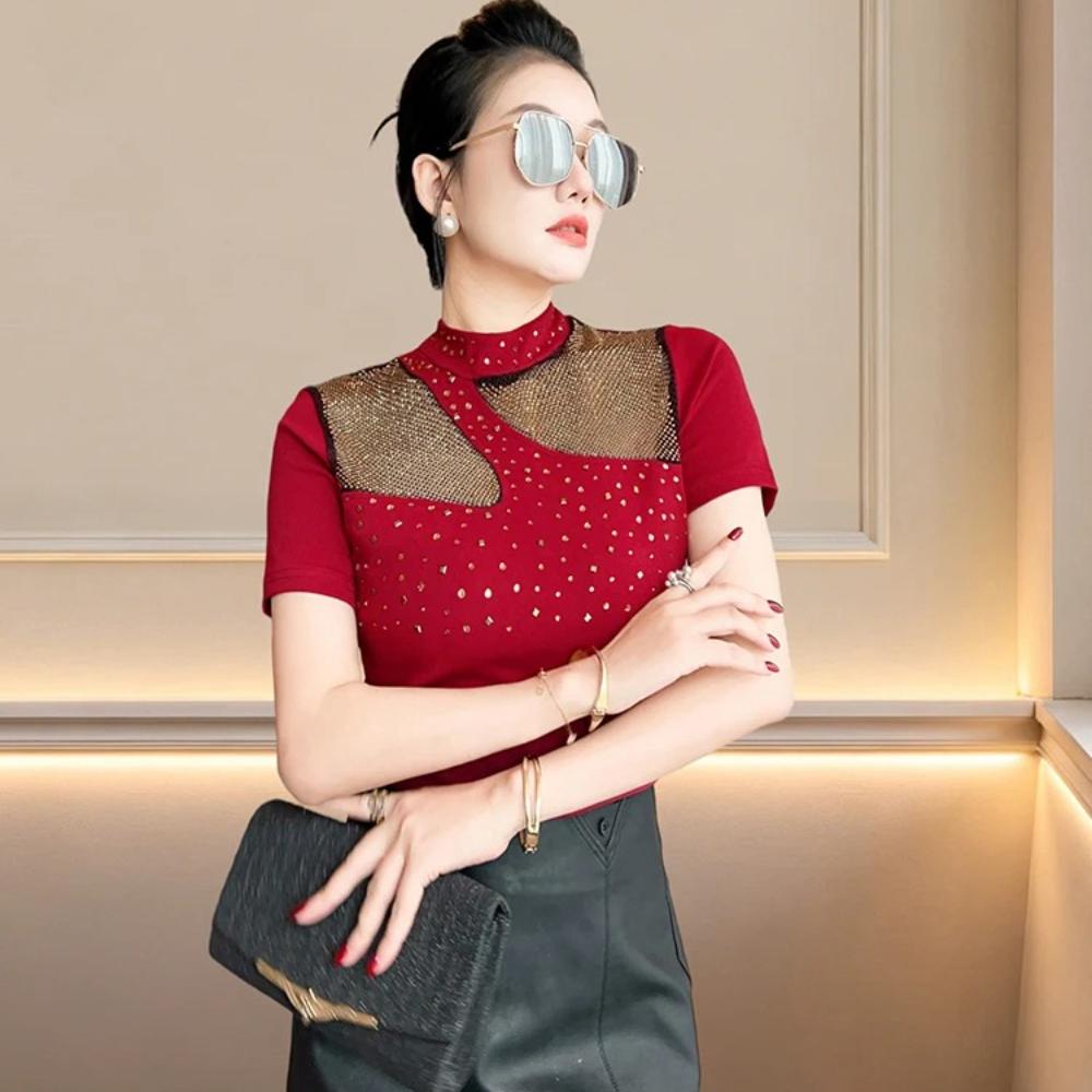 Summer New Women Luxury Hollowed-Out Hot Diamonds T-shirt Fashion Short Sleeve Casual Tops Streetwear Girl Cotton Tees Blouse