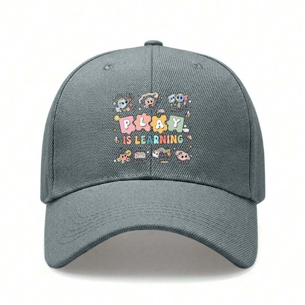 Kids Educational Baseball Cap - "PLAY IS LEARNING" Print Adjustable Breathable Lightweight Unisex Outdoor Sports Hat For School & Everyday Wear -