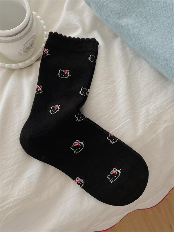 

Socks Girls Are Full Of Kt Cat Bubble Lace Mid-Leg Socks Solid Color Korean College Style Pile Socks One size fits all чорний