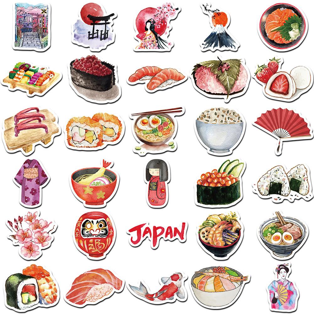 10/30/64pcs Watercolor Japanese Style Culture Food Stickers Cartoon Travel Landscape Sticker Suitcase Phone Laptop Decals Decor