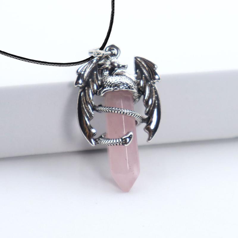 Animal Dragon Man Necklace Natural Gem Stone Healing Pink Quartz Hexagonal Crystal Pendant Vintage Jewelry for Women Gift