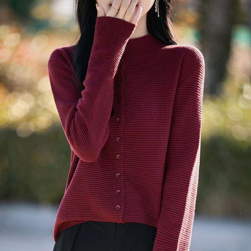 Women's Spring Fine Wool Cardigan - Half-High Collar, Solid Color, Loose, Slimming Sweater Coat