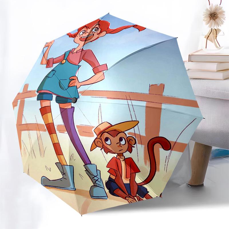 Pippi Longstocking Themed Travel Umbrella-8 Ribs Automatic Opening and Closing, Portable Folding Design, Compact and Stylish Umbrella Suitab