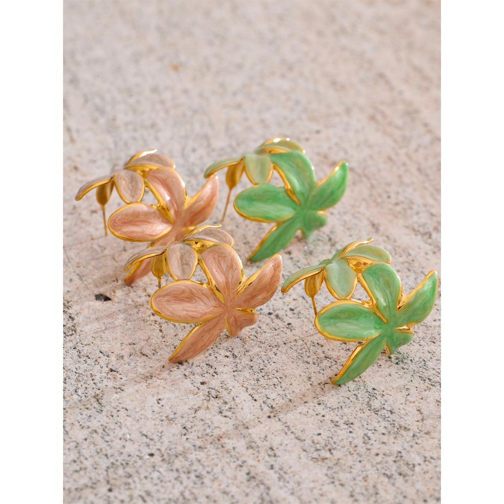 Eetit Grüne Rosa Emaille Goldene Blume Creolen für Damen Exquisiter Edelstahl Täglich Vielseitiger Modeschmuck Geschenk