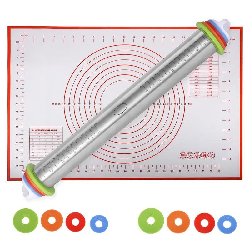 Rolling Pin and Silicone Baking Pastry Mat,Stainless Steel Dough Roller,Rolling Pins with Adjustable Thickness Rings, for Baking